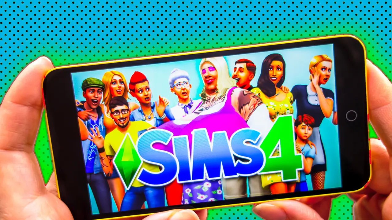 A photo of a pair of hands holding a phone on landscape mode with a picture of The Sims 4 showing various characters stood in a line with colourful outfits set against a blue dotted background with a green halo.