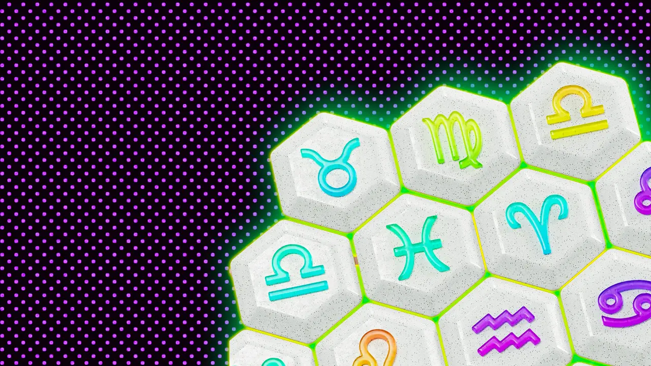 An image of the horoscope symbols on hexagon shapes grouped together in a honeycomb formation with different colours for each symbol set against a dark purple background with dots