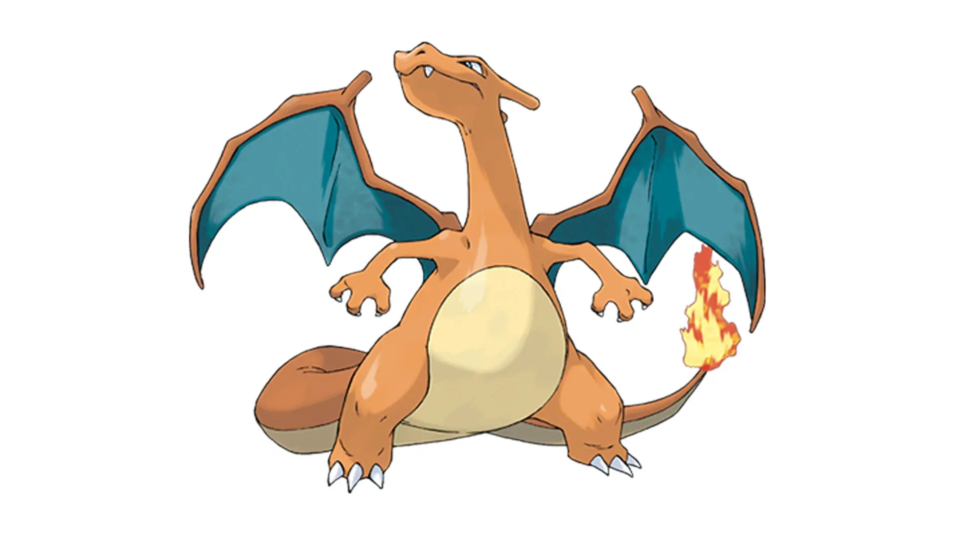 An image of a Pokemon called Charizard who is a dragon-like creature of orange and blue with a flame for a tail set against a white background.