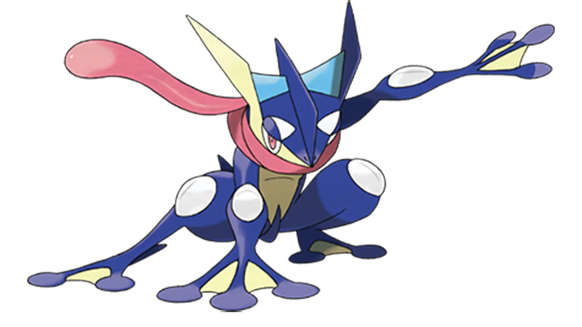 An image of a Pokemon called Greninja who looks like a lizard crossed with a frog in shades of blue and purple and yellow with a cape in red set against a white background.