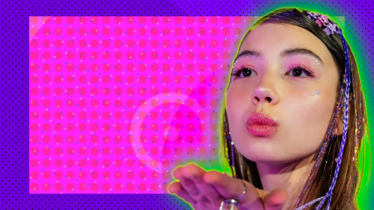 A photo of a woman blowing into her hand wearing hair braids against a pink and purple dotted background with a green halo.