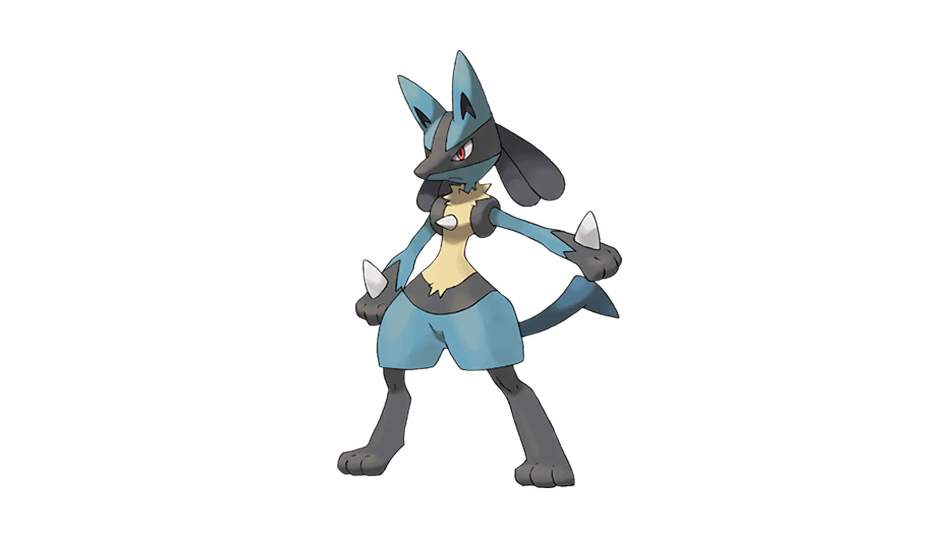 An image of the Pokemon Lucario, a wolf like creature wearing a beige top and blue shorts, showing it stood on hindlegs set against a white background