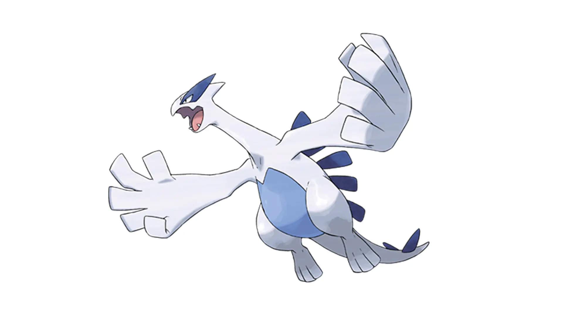 An image of a Pokemon called Lugia who is a bird like creature with big outstretched wings and appears to be shouting - set against a white background