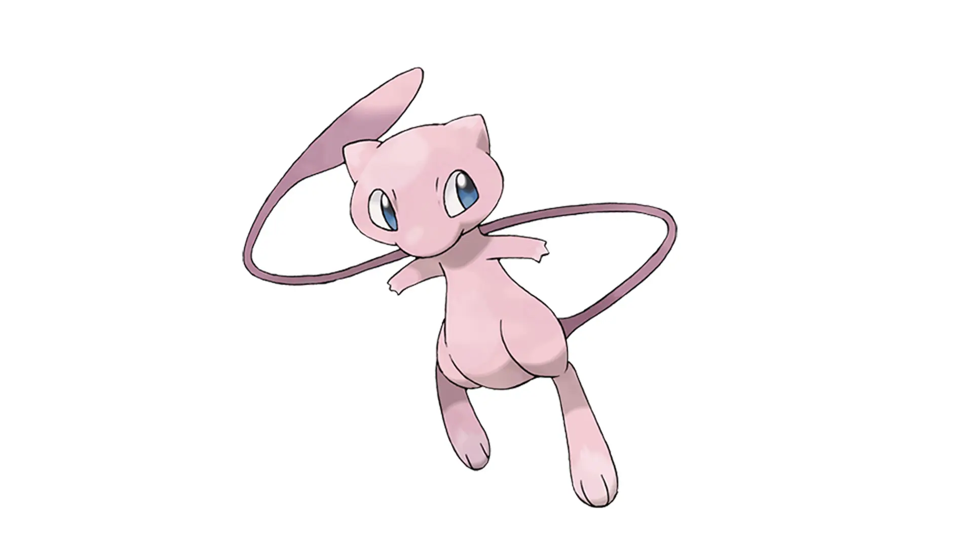 An image of the Pokemon Mew - a pink mouse like creature with a long tail in mid jump against a white background