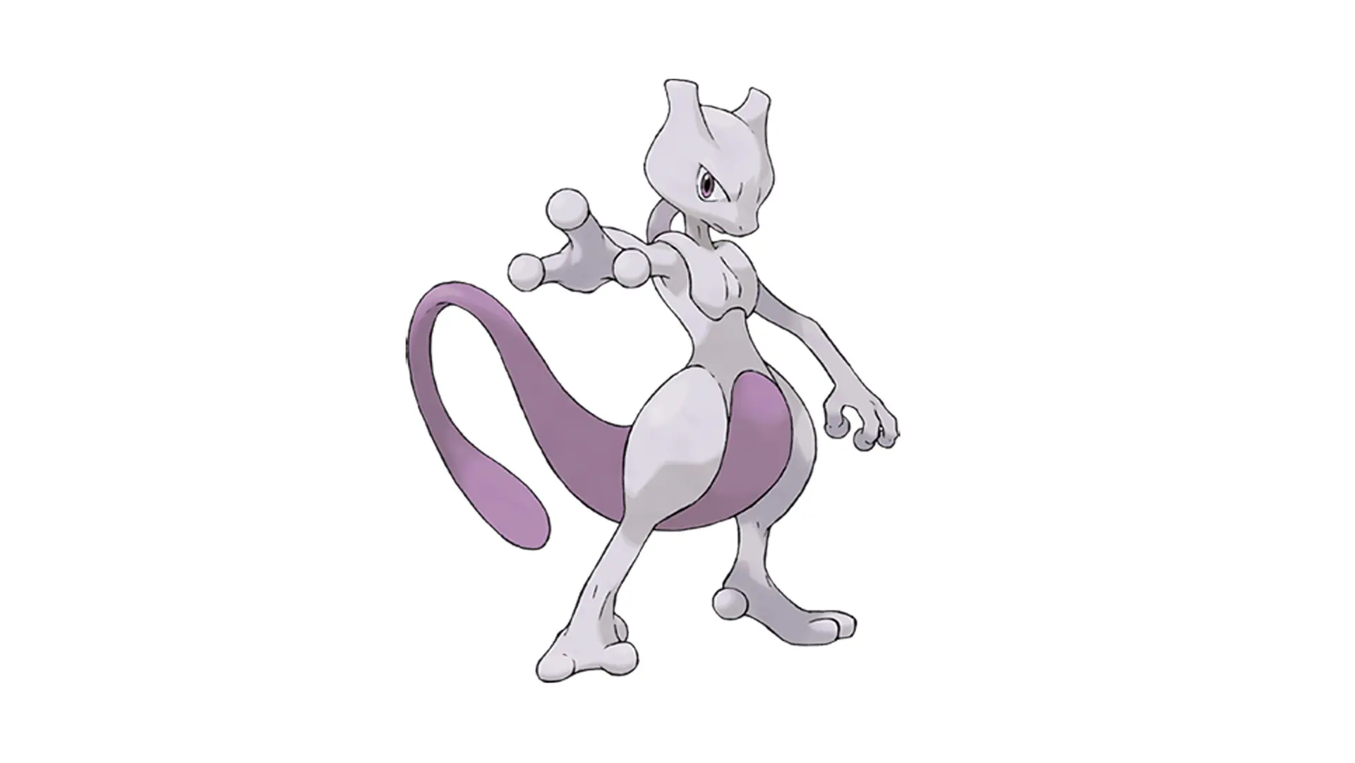 An image of the Pokemon MewTwo, a creature with a big pink tail and grey kangaroo like body and mouse like head with its arm outstretched in front of it set against a white background