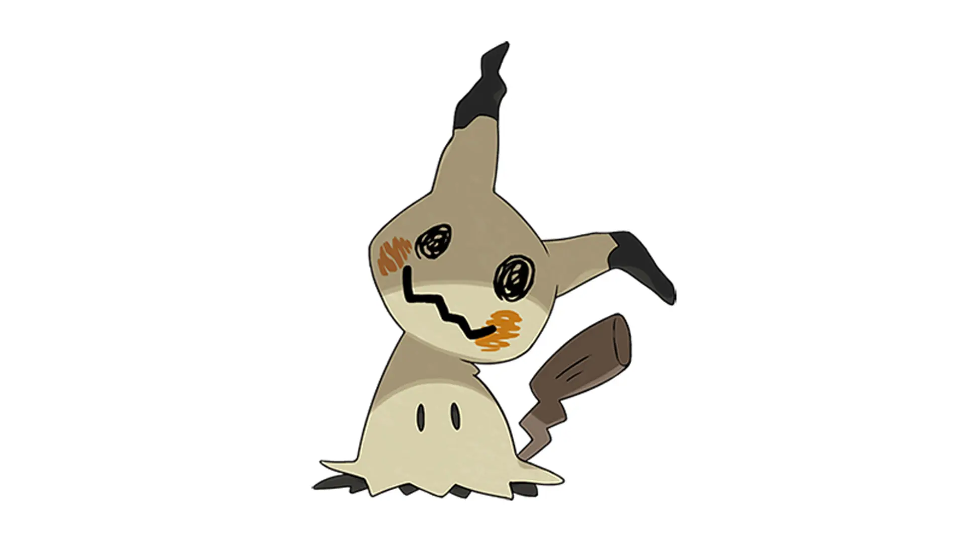 An image of a Pokemon called Mimikyu that looks like a child's drawing of Pokemon with a pair of eyes on the body set against a white background.