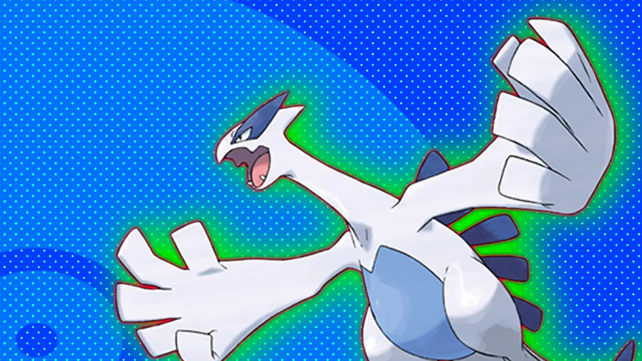 An image of a Pokemon shaped like a bird with wings outstretched and looks like it's screeching set against a blue dotted background with a green halo.