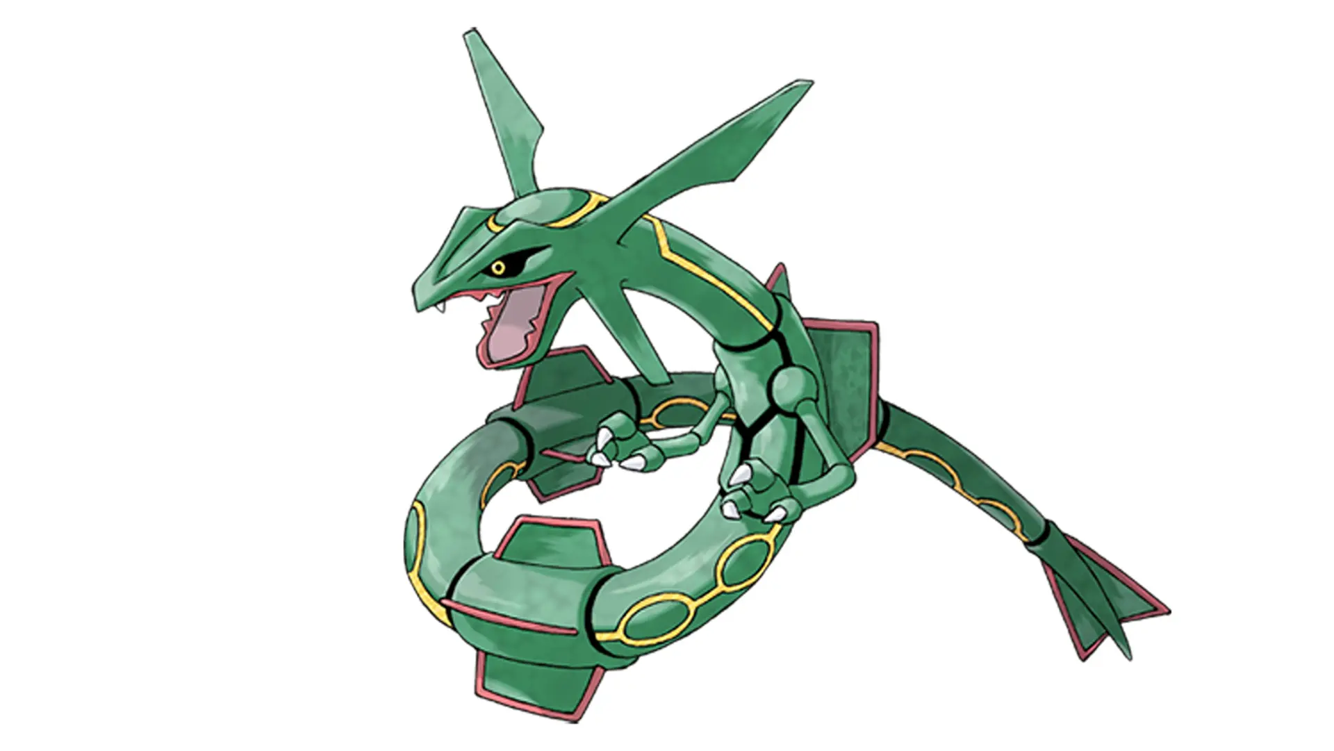 An image of Rayquaza the Pokemon who is shaped like a snake and dragon in one with a looped arm set against a white background.