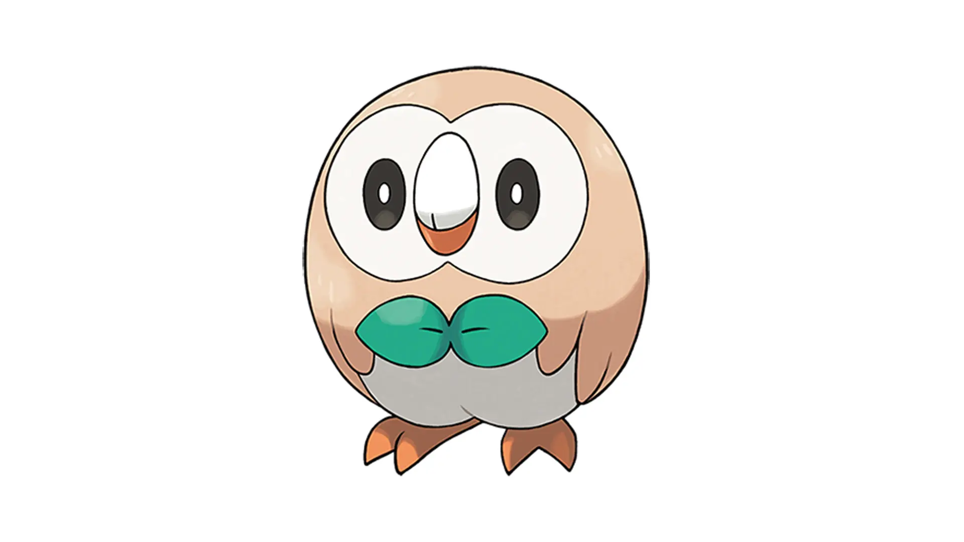 An image of a Pokemon called Rowlet - an owl shaped creature with a green bowtie set against a white background.