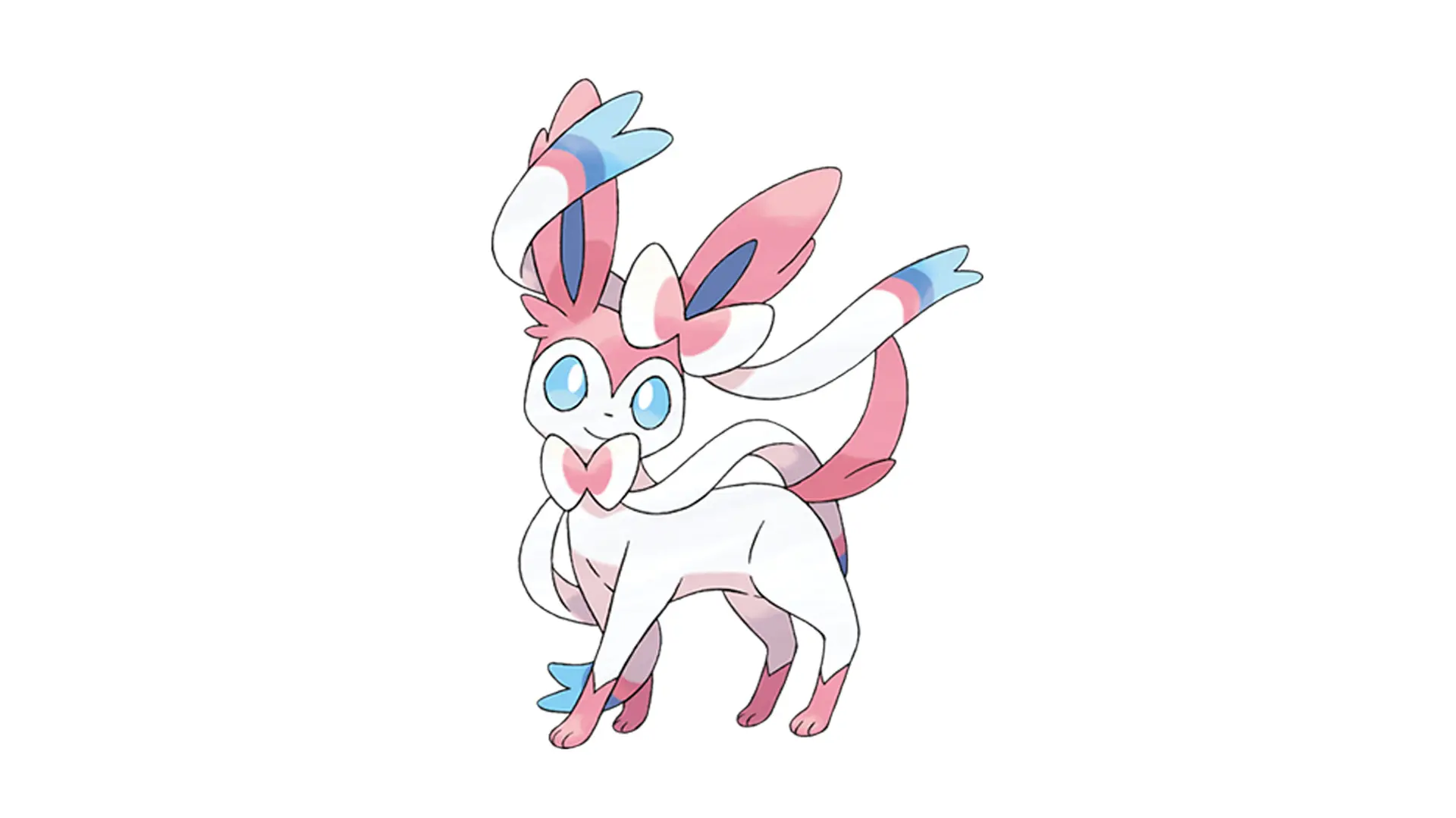 An image of the Pokemon Sylveon - a pink and white cat like creature with ribbons in its ears and pink feet and tail set against a white background.