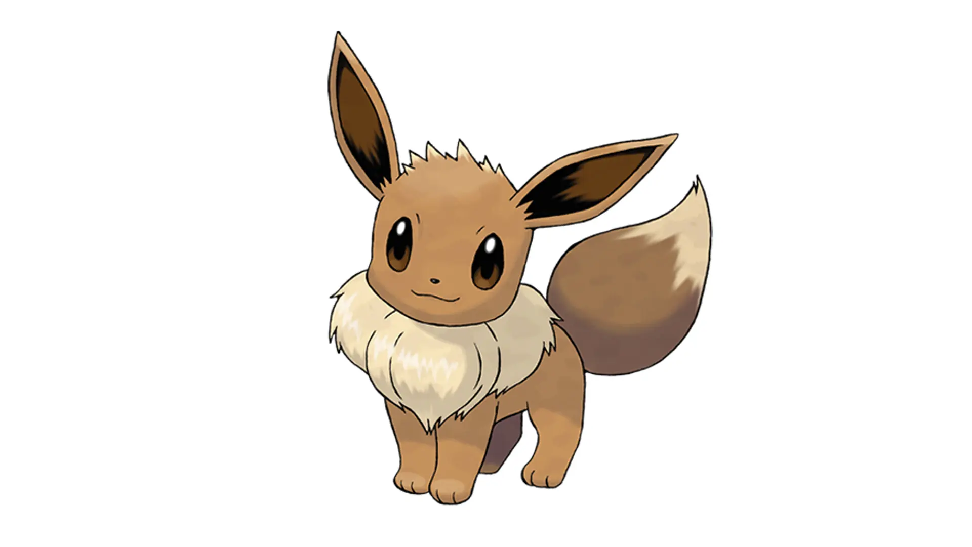 An image of Eevee from Pokemon - a fox like creature with orange fur, brown ears and a white ruffled front - showing her standing facing the viewer straight on with a little smile set against a white background.