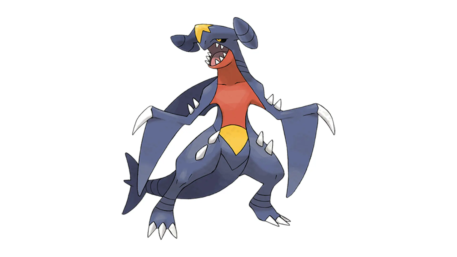 An image of the Pokemon Garchomp - a purple, orange and yellow dragon-like creature with spines on its arm and legs set against a white background.