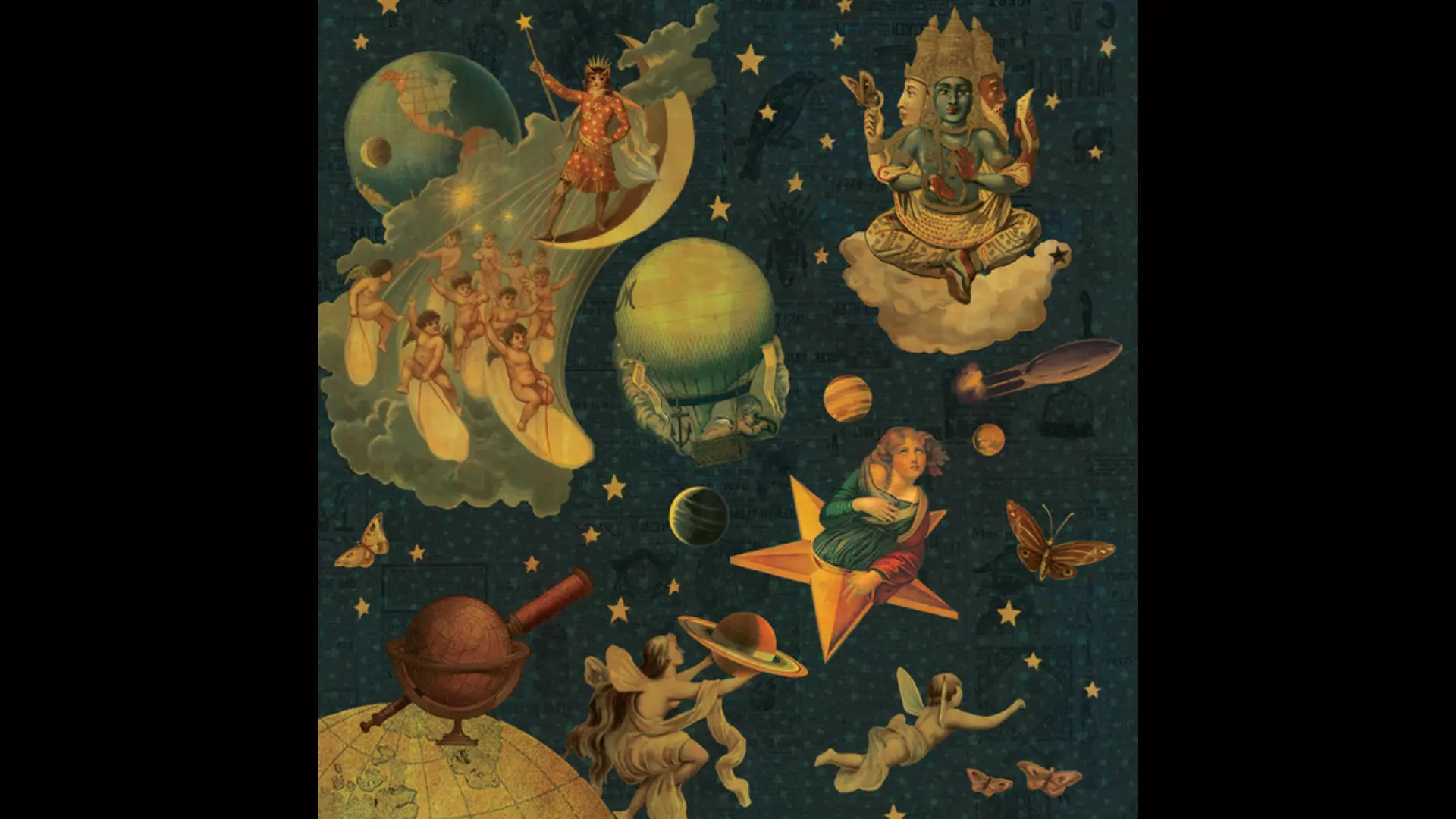 The album cover "Melon Collie and the Infinite Sadness" by The Smashing Pumpkins showing a night sky scene of fantastical imagery including a woman coming out of a star.