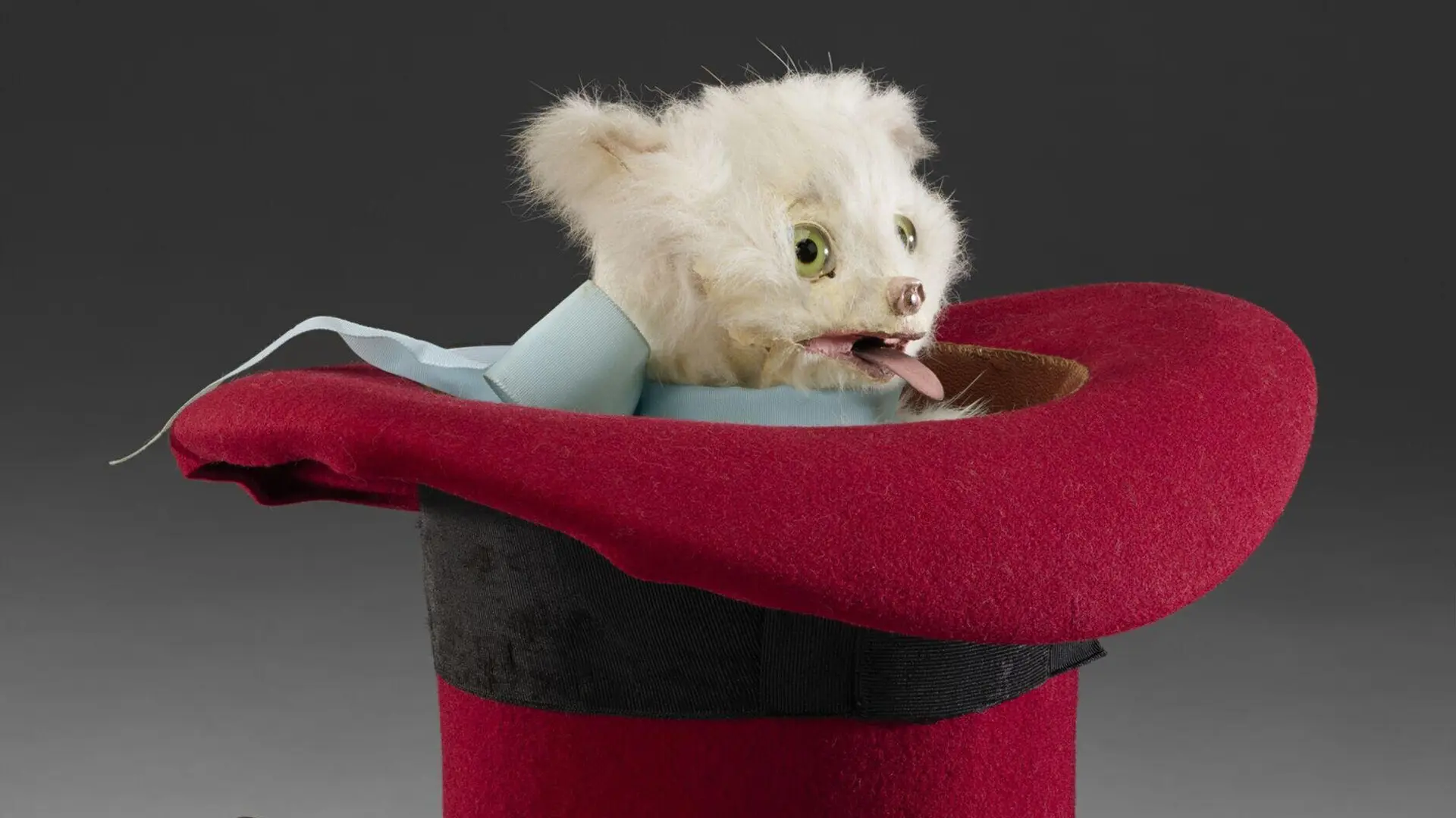 A photo of an automaton white mouse poking out of a red top hat set against a dark grey gradient background.