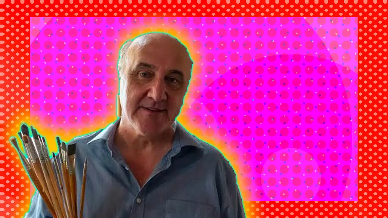 A photo of Shaun Greenhalgh holding some paintbrushes set against a pink and red spotted background with a yellow halo.