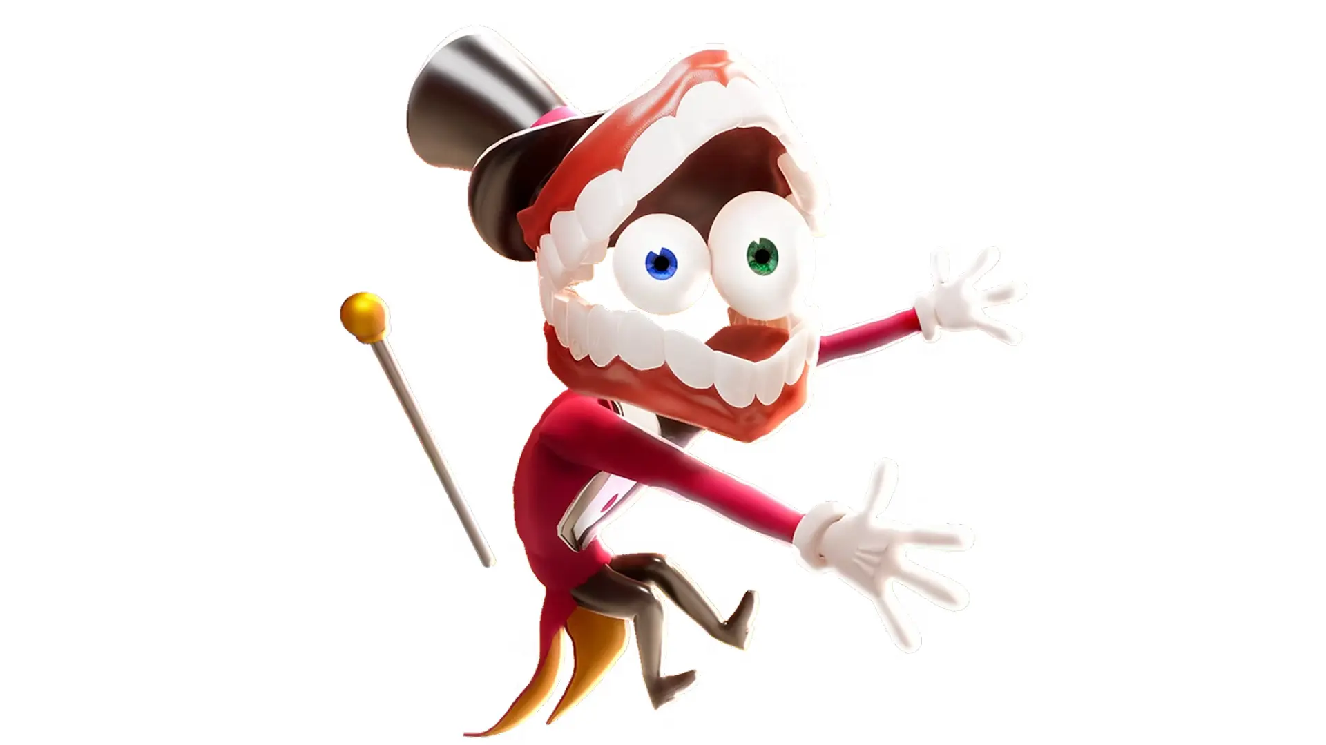 An image of Caine from The Amazing Digital Circus showing him with his arms stretched out and cane behind him