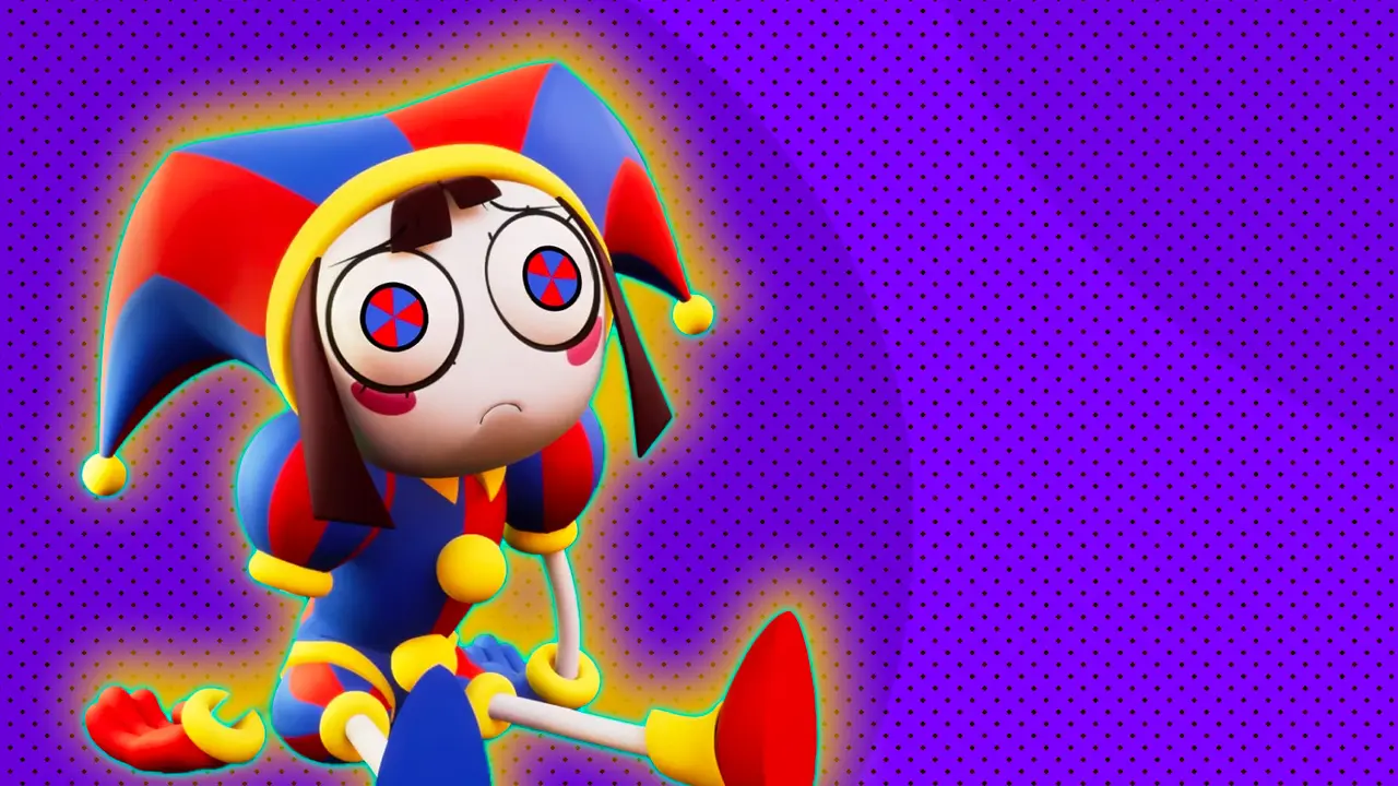 The character Pomni from The Amazing Digital Circus showing her sat on the floor looking sad in her jester outfit set against a purple dotted background with a yellow halo.