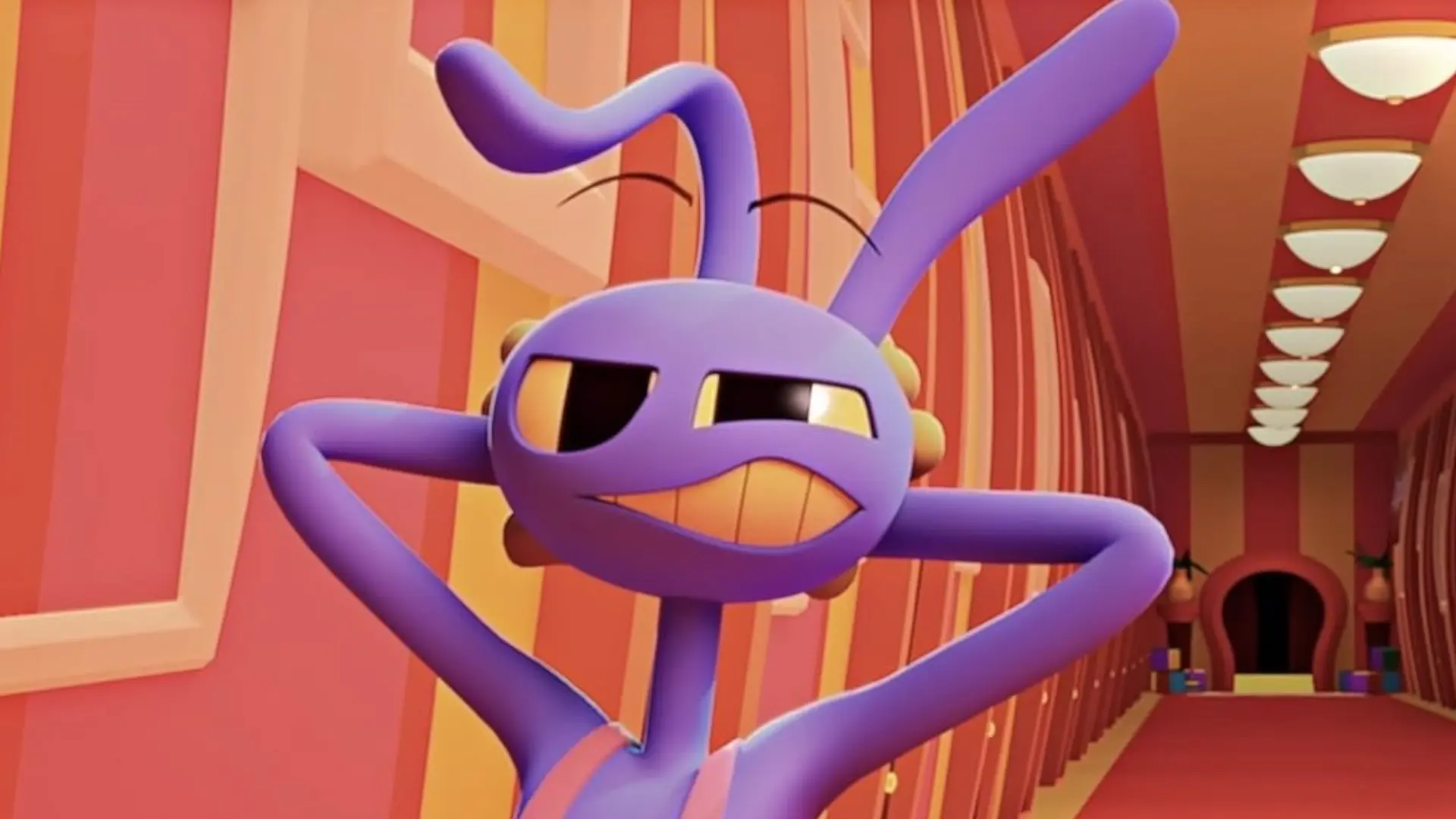 A still from The Amazing Digital Circus showing Jax the purple rabbit with his arms behind his head stood in a corridor with pink and orange walls and lights on the ceiling.