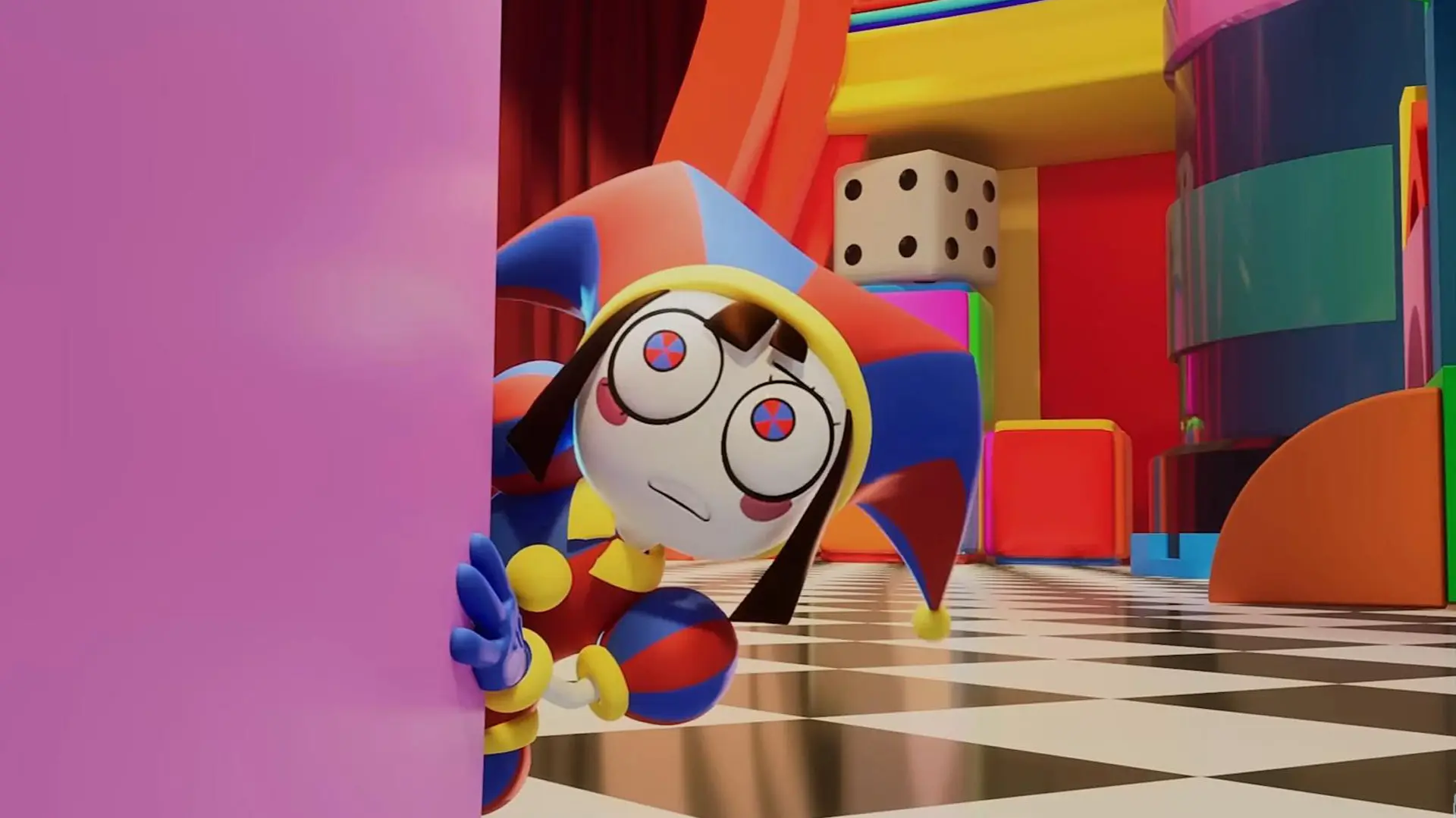 A still from The Amazing Digital Circus showing Char looking around the corner uncertain with her jester hat. Behind is a large dice stacked on top of some colourful blocks.