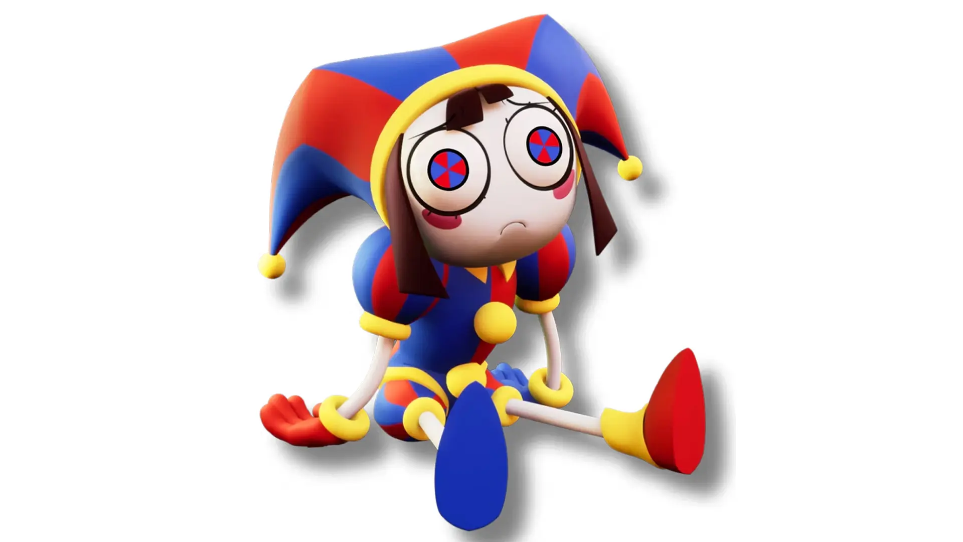 An image of Pomni from The Amazing Digital Circus showing them sat on the floor looking sad in their jester outfit against a white background