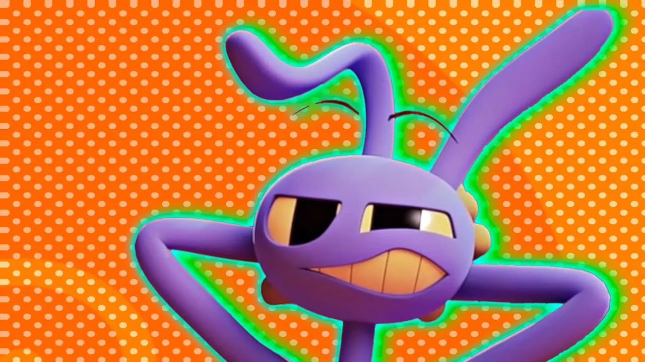 A still from The Amazing Digital Circus showing Jax the purple rabbit with his arms behind his head against an orange and yellow dotted background with a green halo.