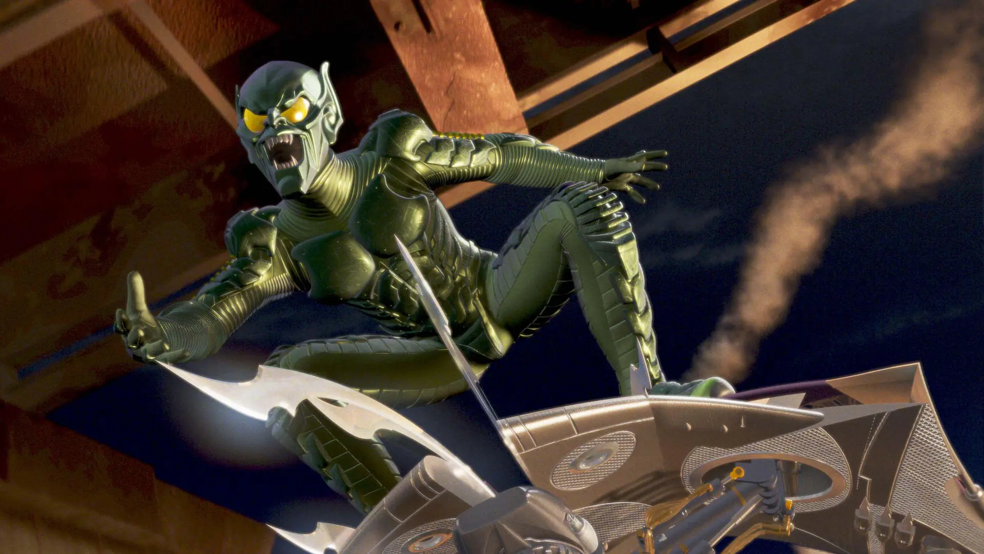 A still from Spider-Man showing the Green Goblin riding on his Goblin Glider.
