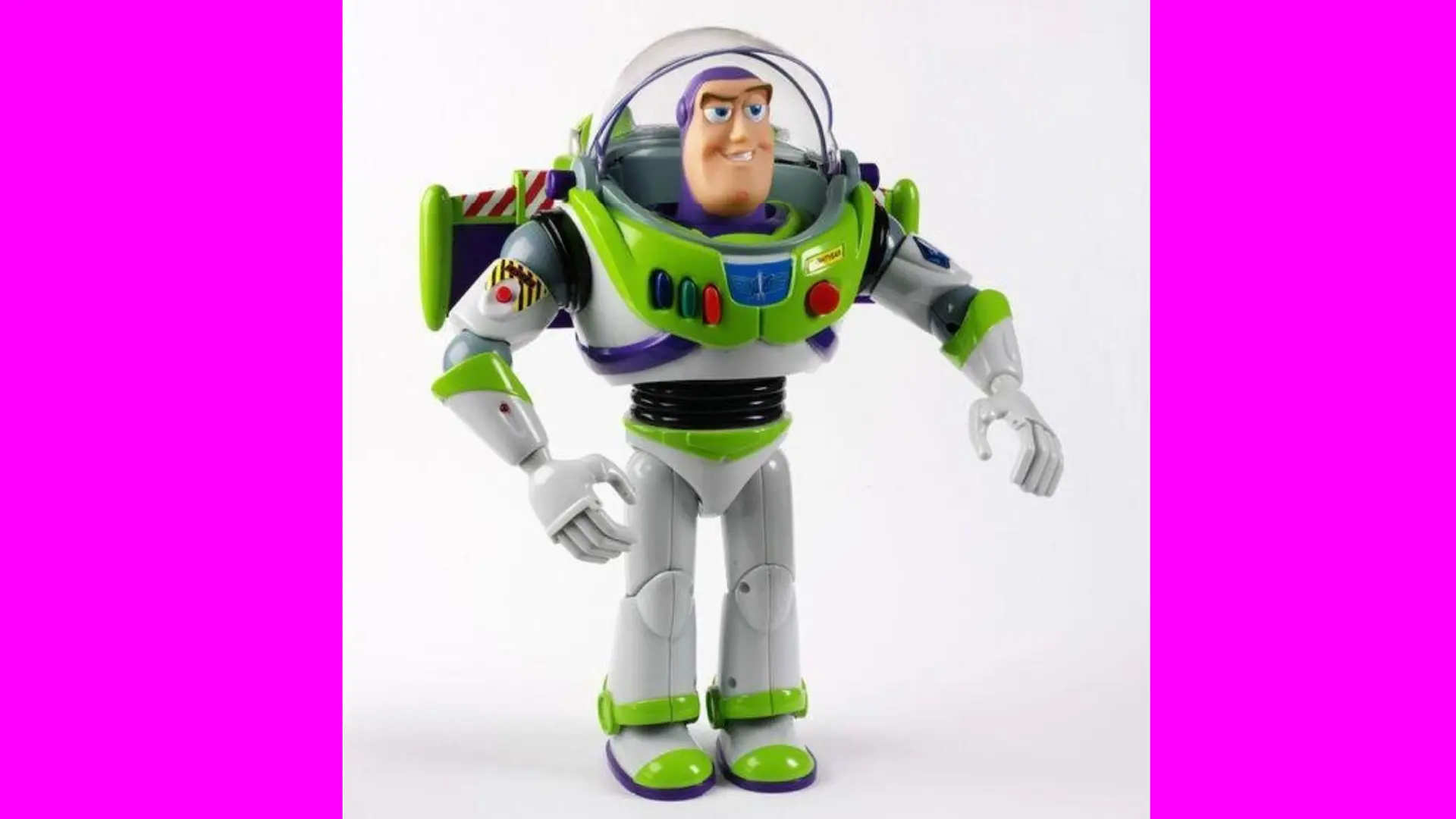 A photo of the Buzz Lightyear toy released in the 90s showing Buzz stood upright with his arms splayed out against a white background with pink borders either side.