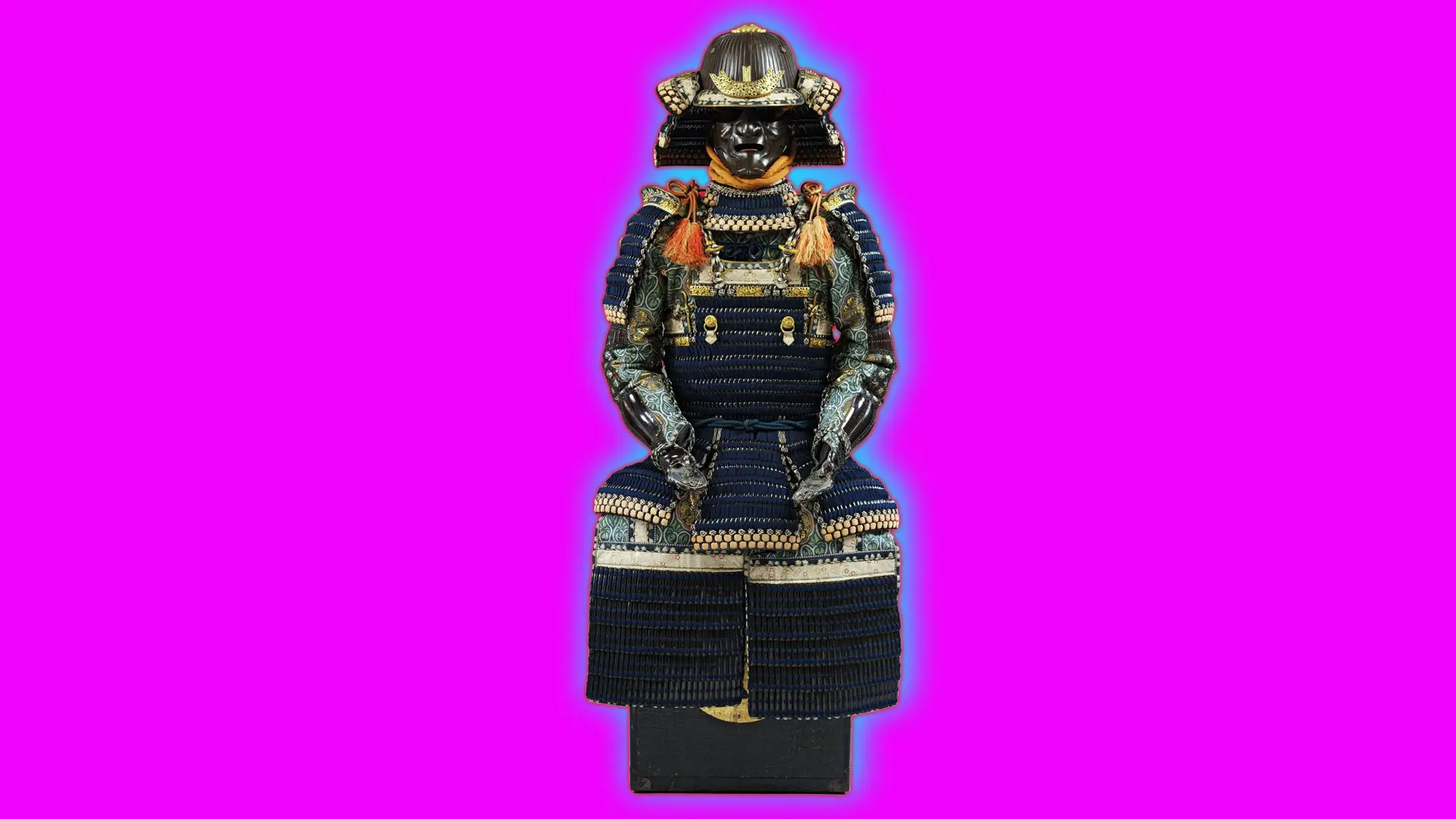 A photo of a haramaki suit of armour in shades of black orange and gold on a plinth against a pink background with blue halo.