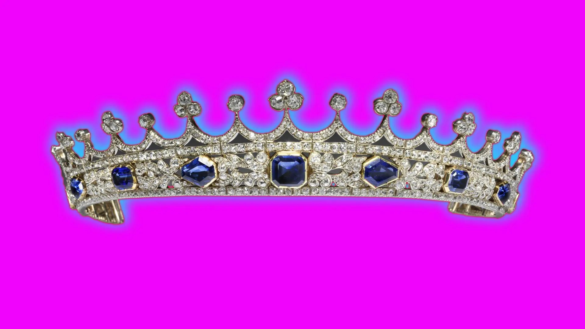 An image of Queen Victoria's sapphire and diamond coronet set against a pink background with a blue halo.