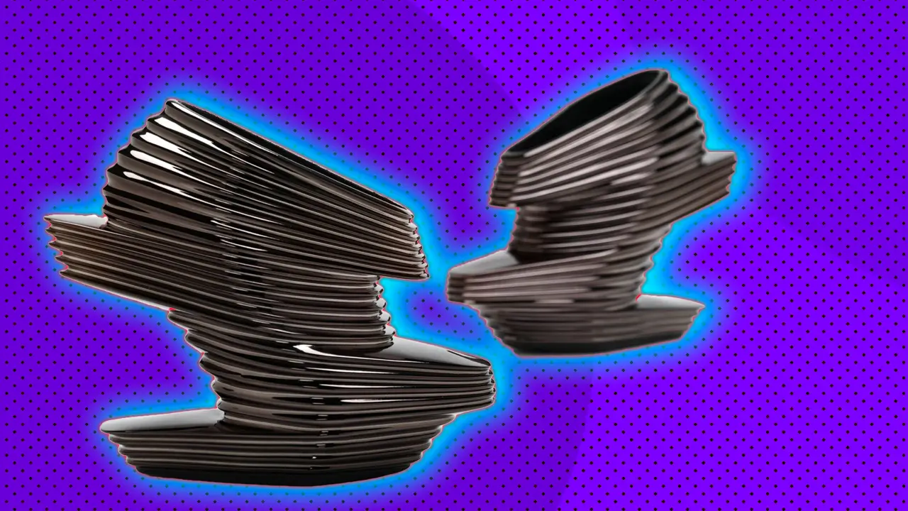 An image of a pair of shoes called the Nova shoes designed by Zaha Hadid showing two shoes that look like they're constructed from metal and springs in odd zig zag shaping set against a purple background with a blue halo.