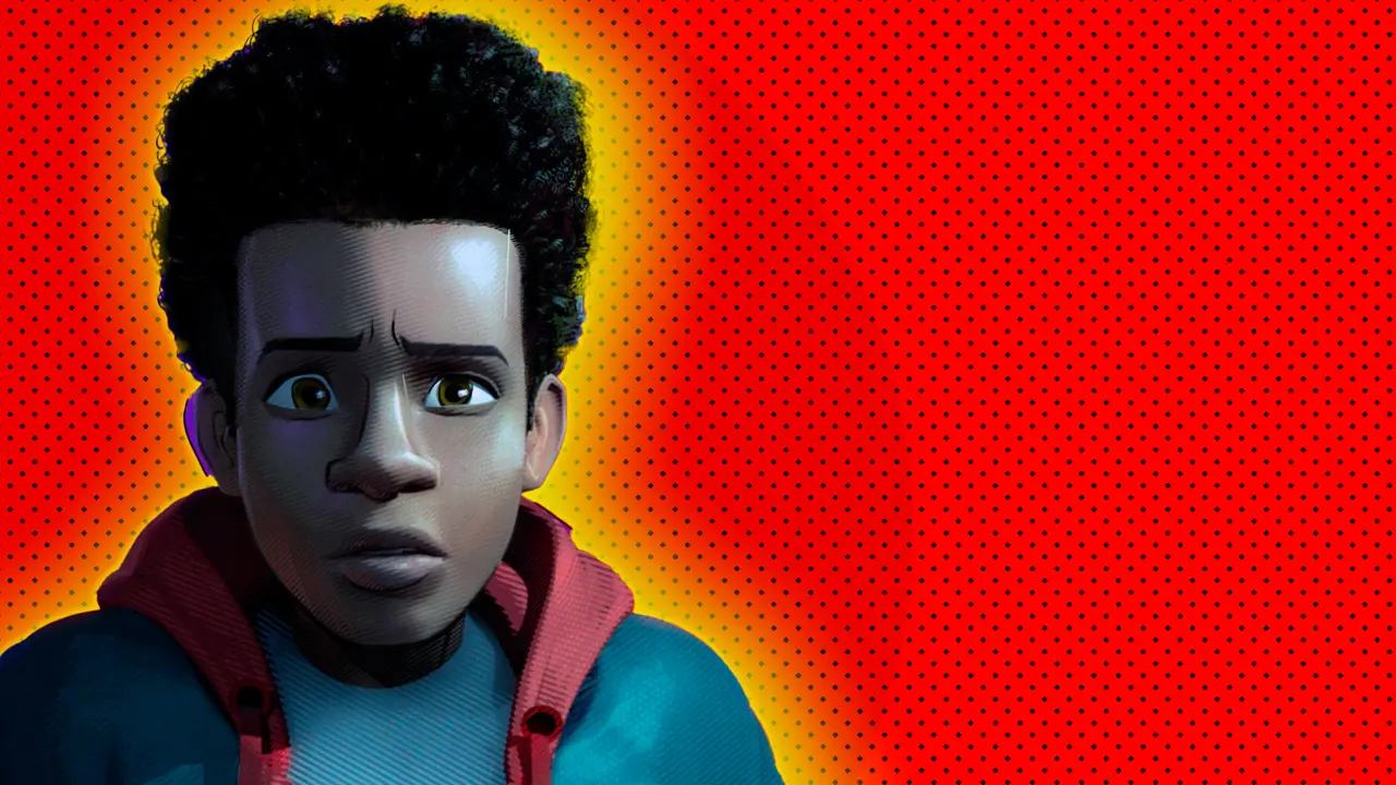 An image of Miles Morales from Into the Spider-Verse showing him looking concerned face on with a red dotted background and yellow halo.