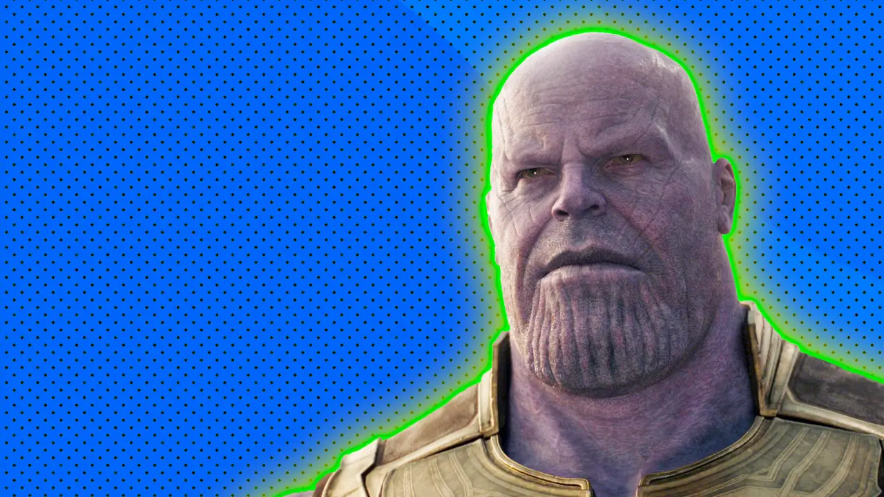An image of Thanos from Marvel's Avengers Infinity War showing him stood looking to the distance in a gold and black outfit set against a blue dotted background with a green and yellow halo.