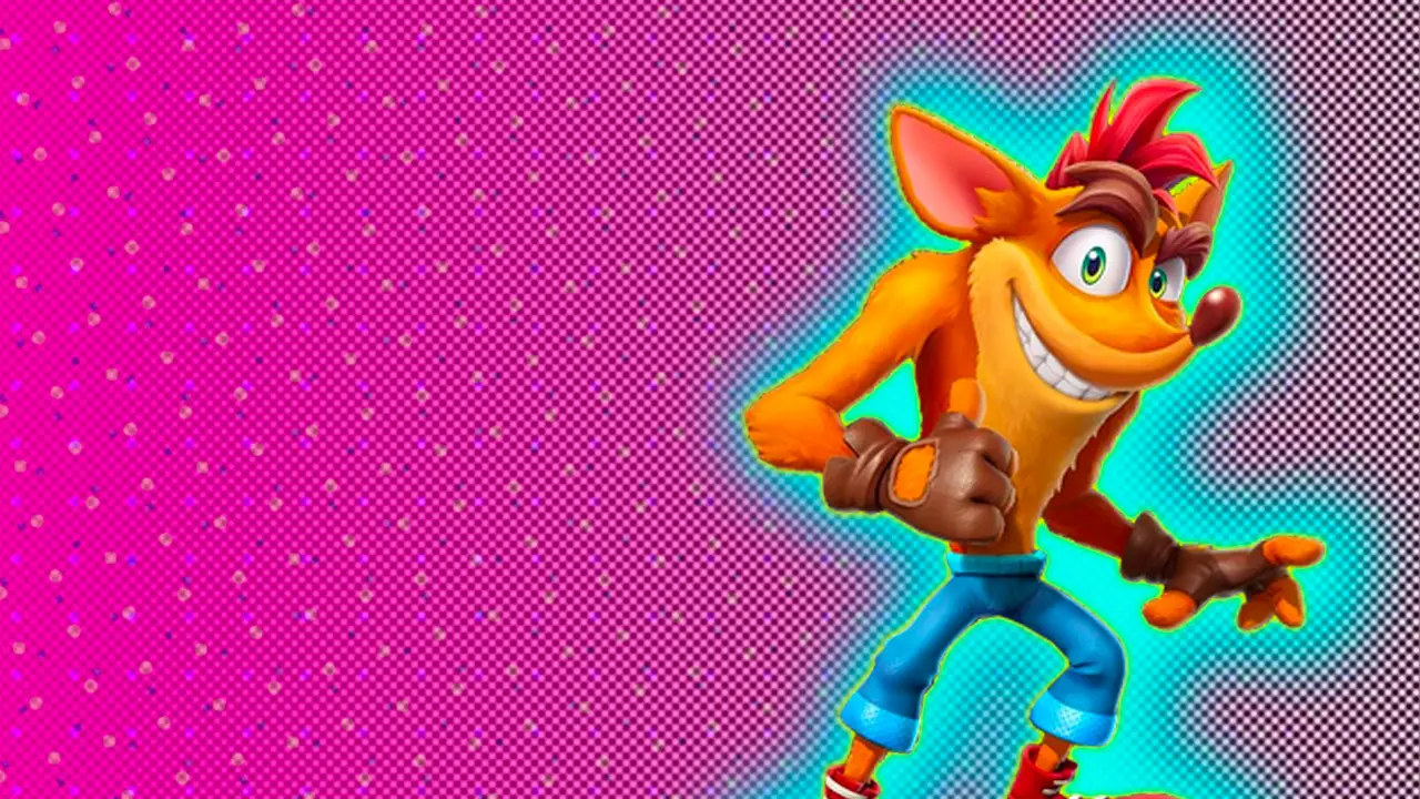 An image of Crash Bandicoot smiling at the camera in his blue jeans set against a pink background with a blue halo.