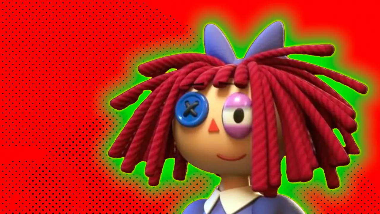 An image of Ragatha from The Amazing Digital Circus showing her with her red hair, button eye and a little smile set against a red dotted background with a green halo.