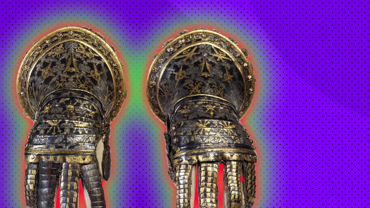 A pair of metal gauntlets in steel damascened set against a purple background with green and red halo.