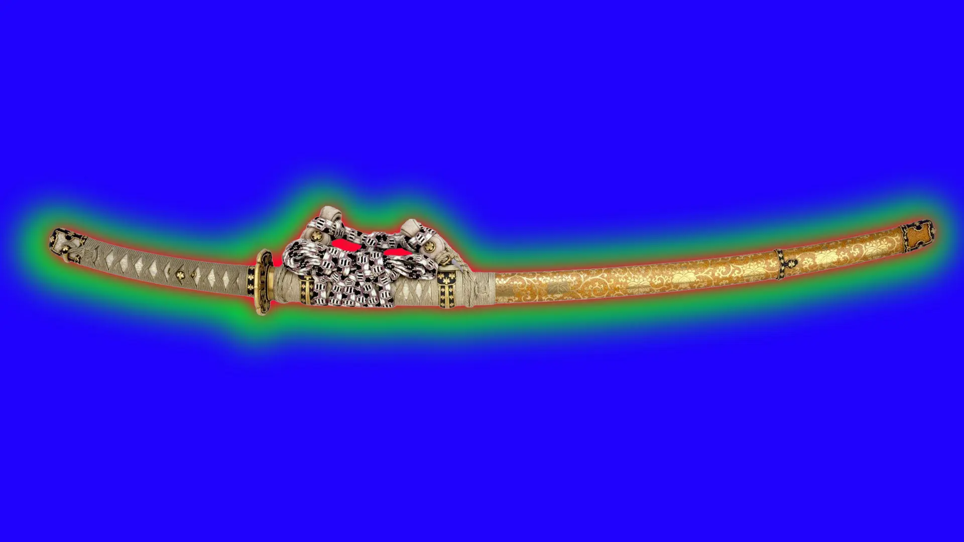 An image of a cord wrapped slung samurai sword with gold inlay and silver ornate decor on the handle set against a blue purple background with green and red halo.