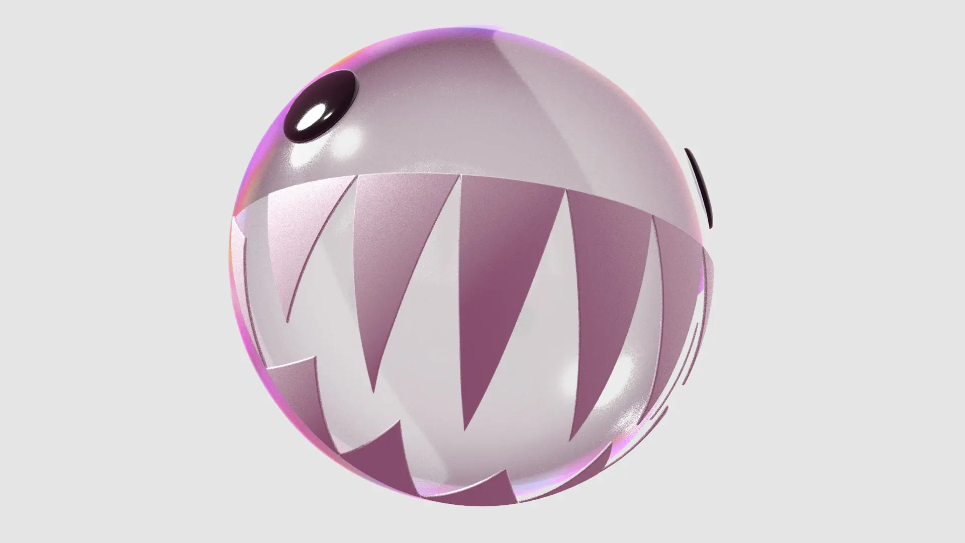 An image of Bubble from The Amazing Digital Circus - a pink sphere with giant fanged teeth and black eyes set against a light grey background.