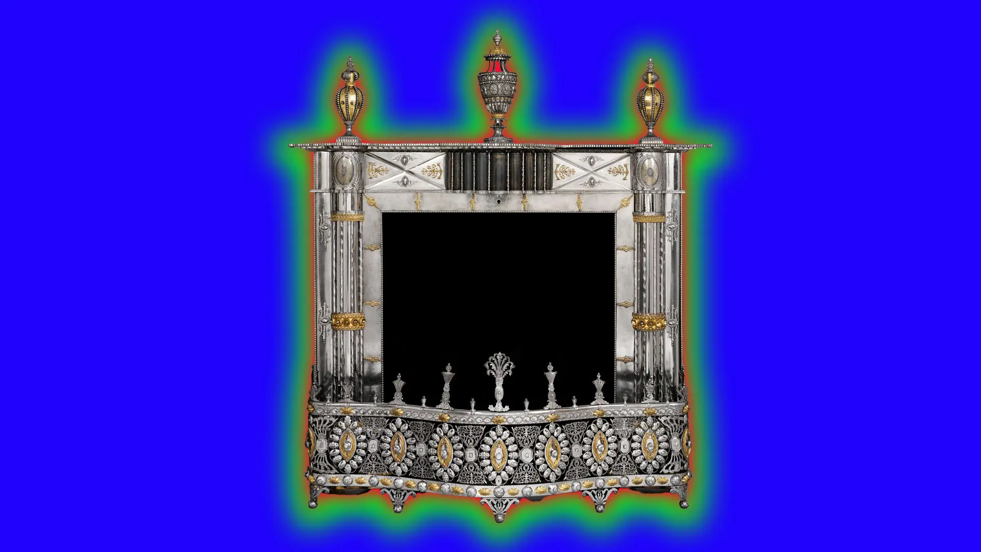 An image of a 19th century Russian ornamental fireplace made out of steel with gold decoration set against a royal blue background with a green halo.