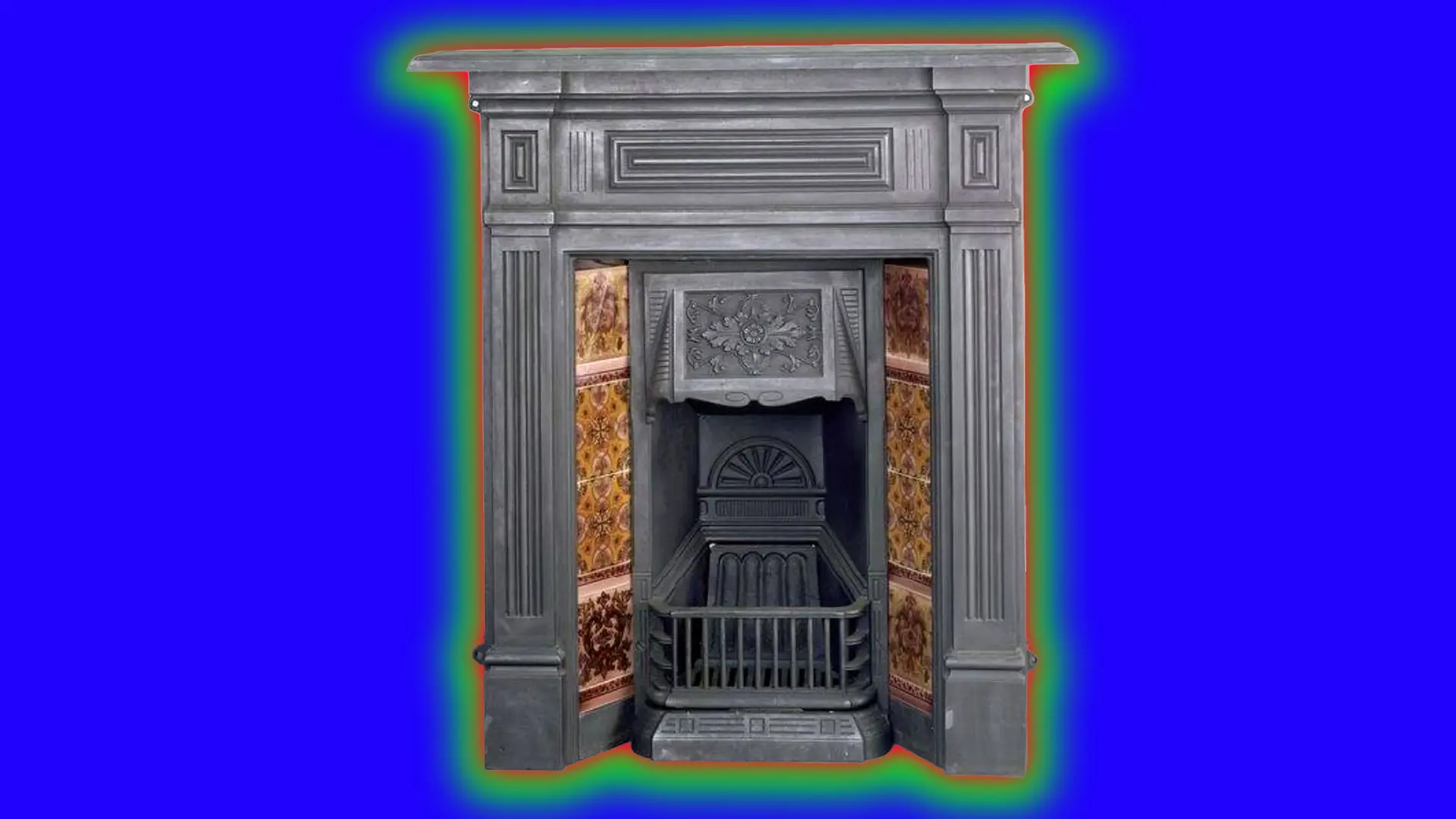 A 19th century cast iron fireplace with decorative ceramic tiles set against a royal blue background with a green halo.