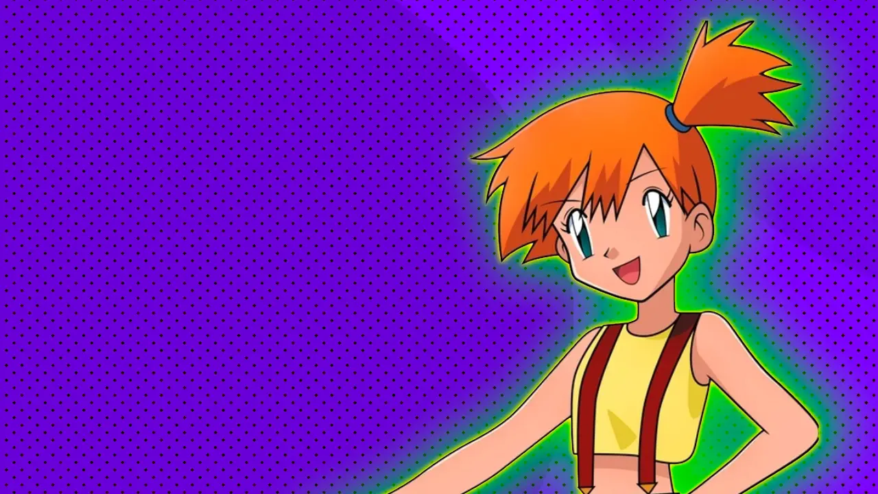 A still of Misty from Pok&eacute;mon smiling with her hand on hip against a purple dotted background with green halo.