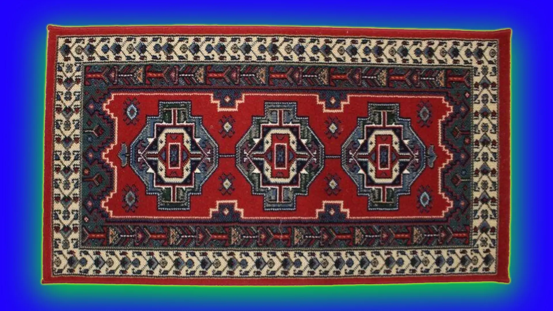 An image of a red caucasian style geometric rug with a yellow border set against a royal blue background with a green halo.