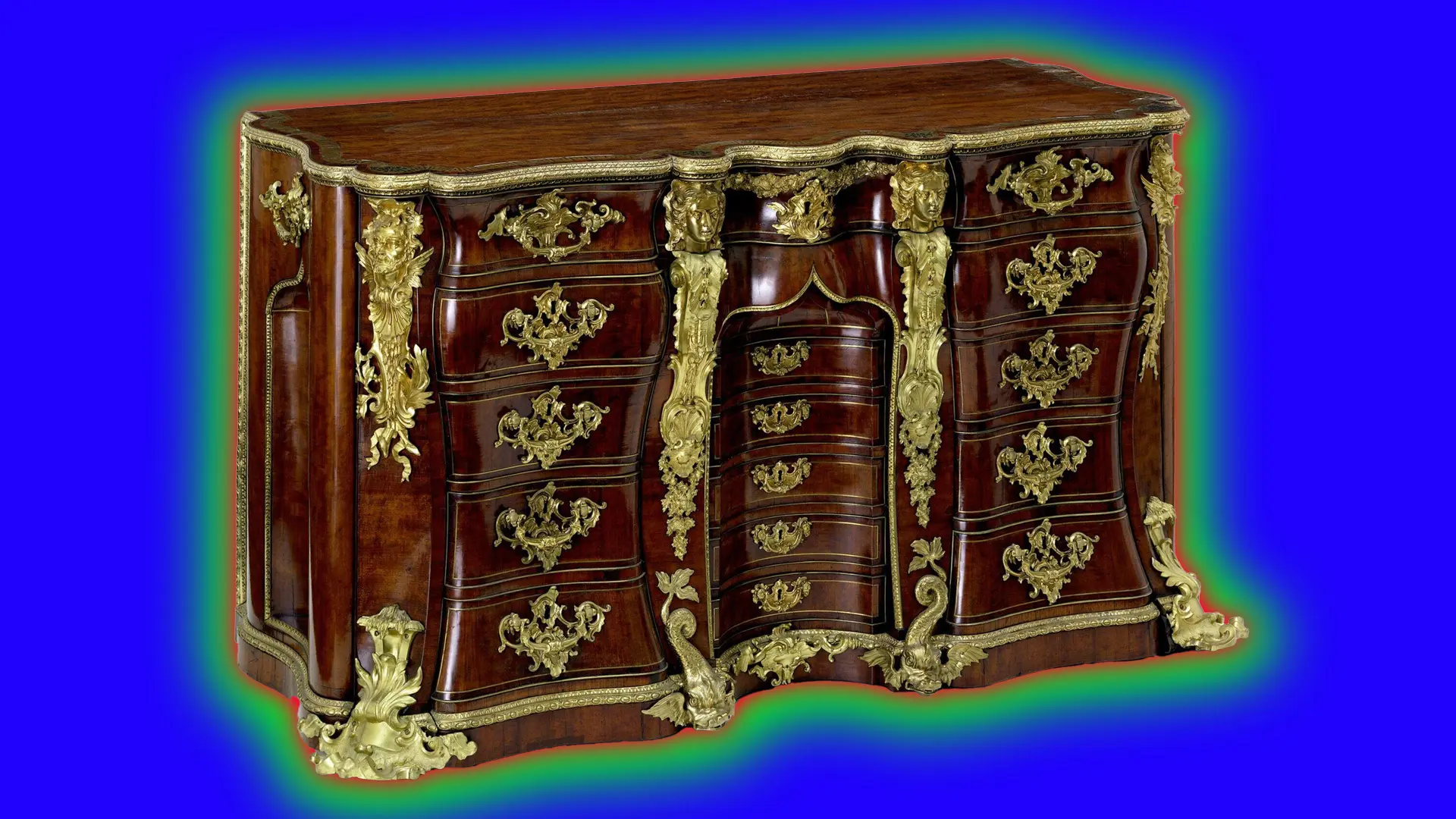 An antique 17th century writing table in mahogany and gold set against a royal blue background with a green halo.