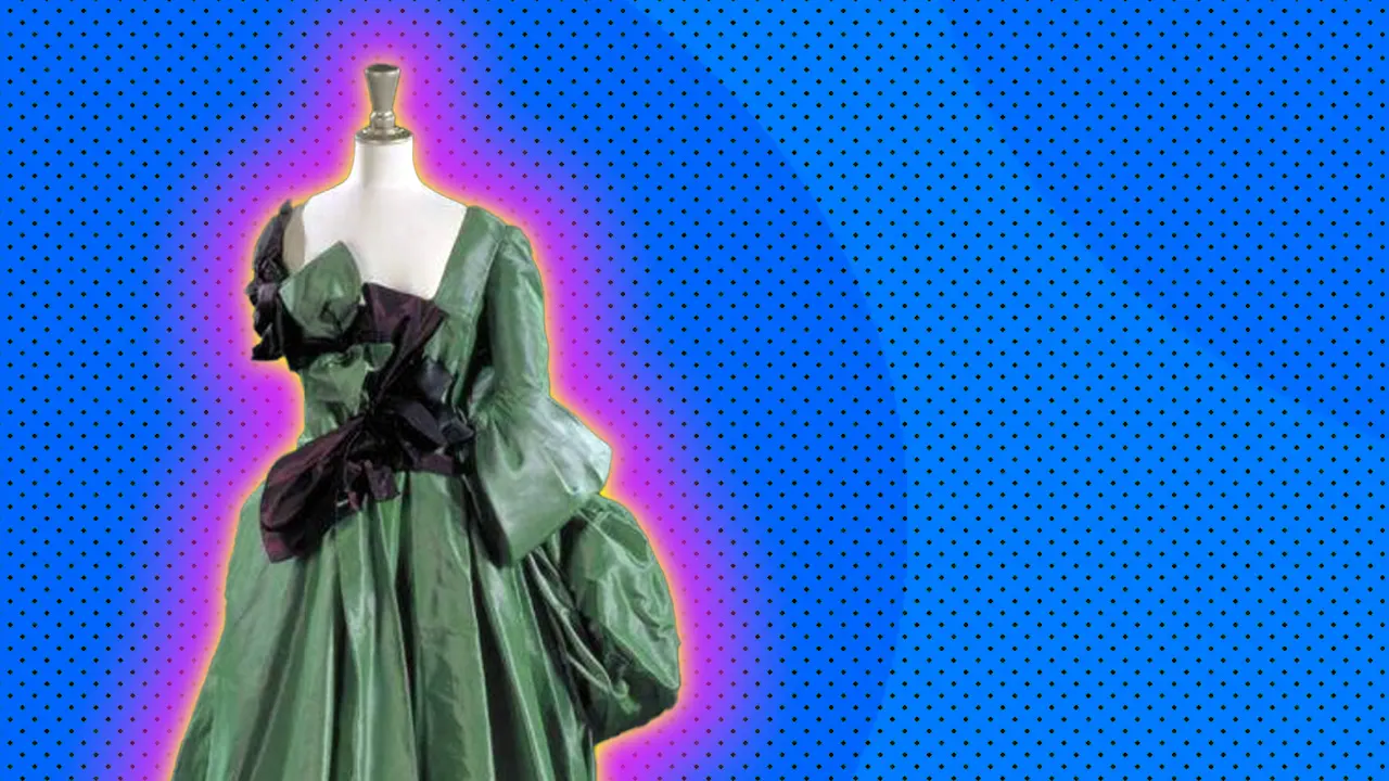 A photo of a green dress designed by Vivienne Westwood set against a blue dotted background with a pink and yellow halo.
