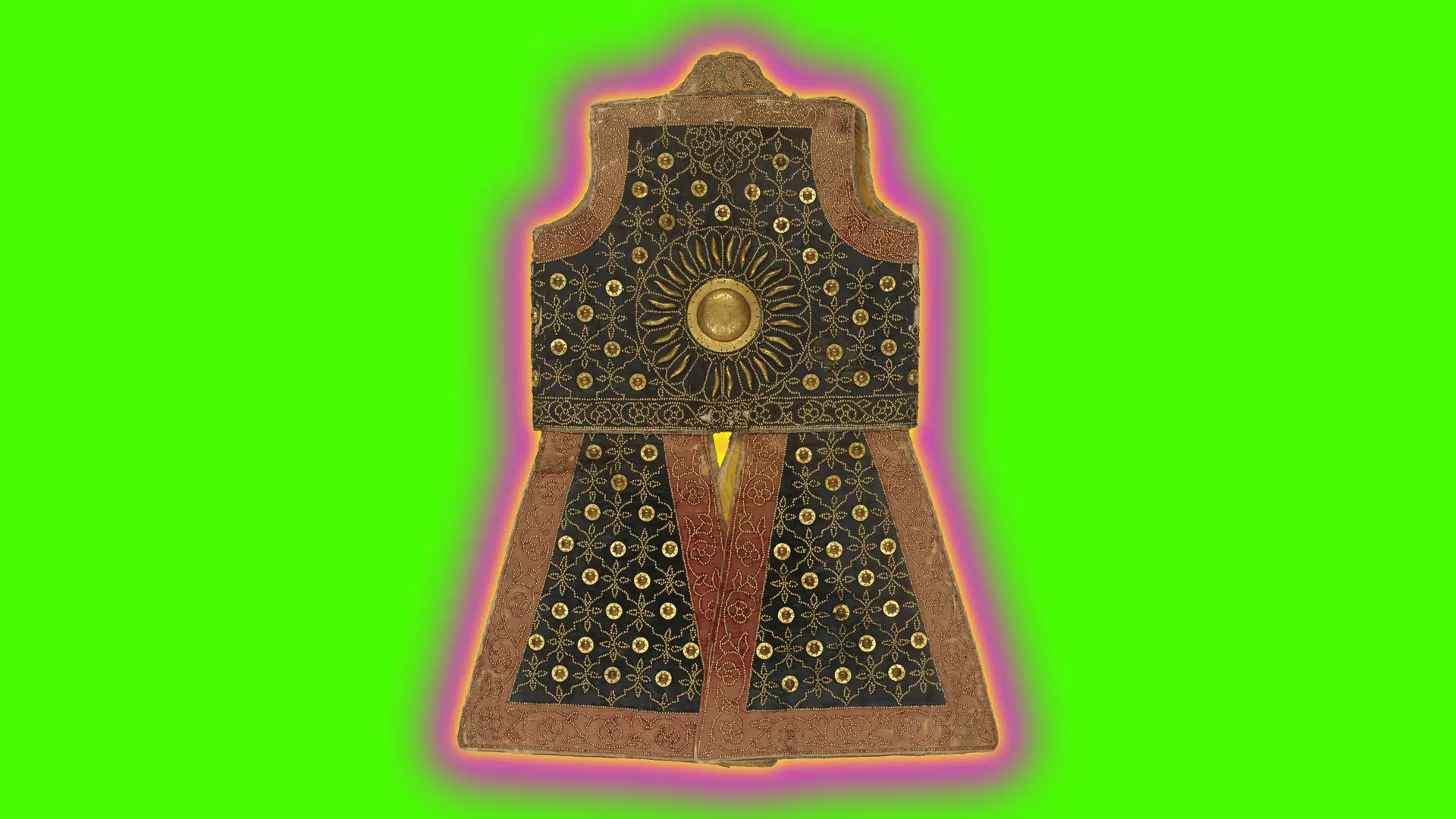 A photo of leather body armour covered in gold studs and embroidered silk set against a neon green background with a pink and yellow halo.
