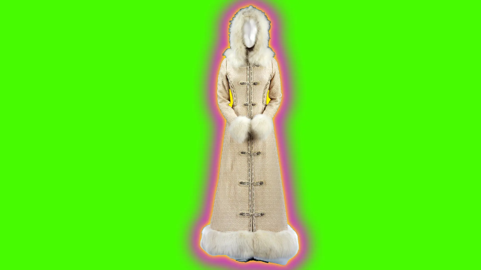 A photo of a cream fur and suede coat with a fur trimmed hood, cuffs and bottom set against a neon green background with a pink and yellow halo.