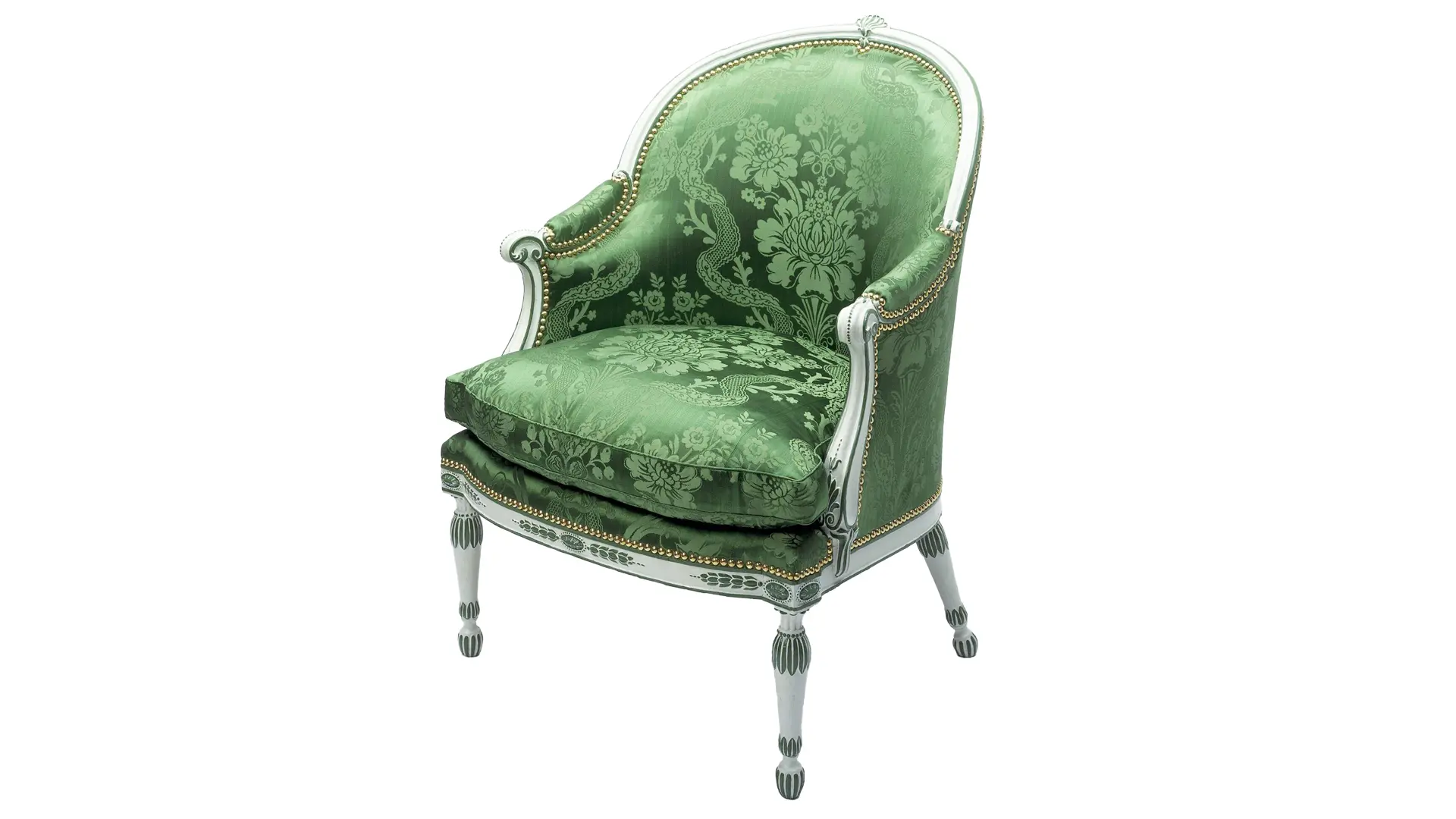 A photo of a green chair with damask upholstery set against a white background.