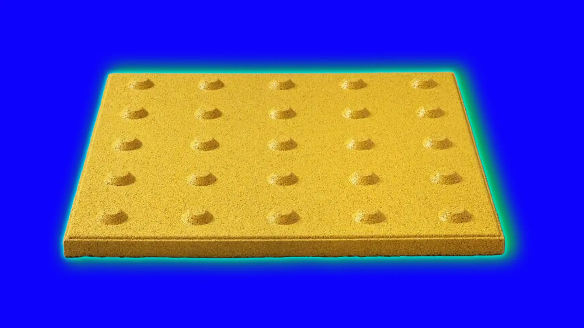 An image of a yellow slab with raised bumps in symmetrical lines set against a royal blue background with a green halo.