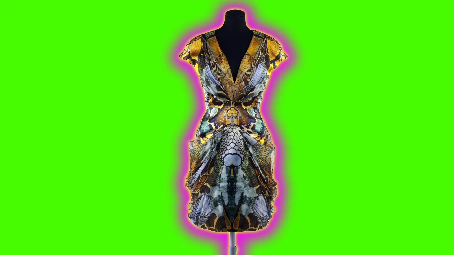 A photo of the Alexander McQueen "Plato's Atlantis" dress - a short v-necked dress with capped sleeves and bold colourful print of blues golds and white set against a neon green background with a pink and yellow halo.
