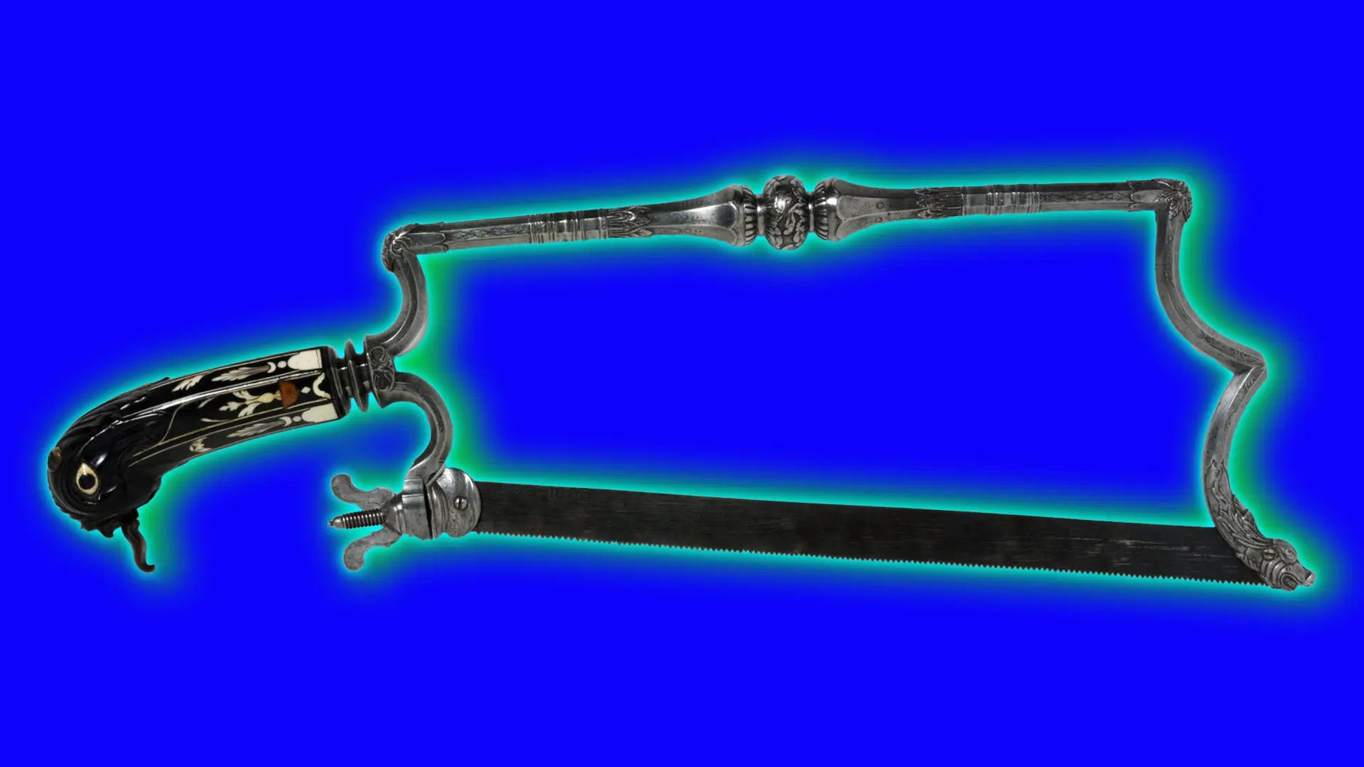 A photo of a saw with a bird head handle set against a royal blue background with a green halo.
