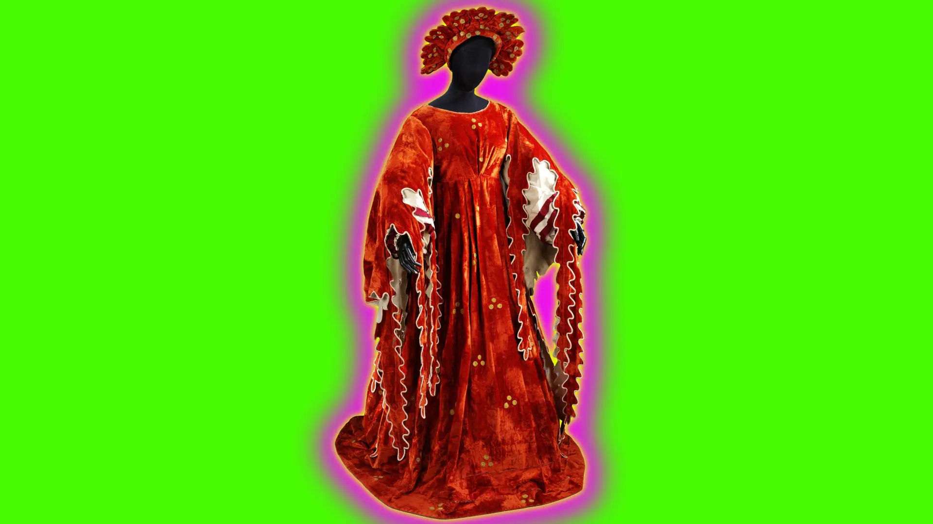 A photo of a burnt orange velvet gown with long sleeves and matching crown like hat which is the Swan Lake costume for the Prince's Mother. It is set against a neon green background with pink and yellow halo.